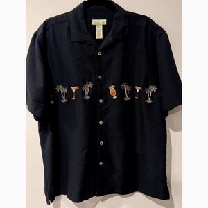 Trader Bay Mens Black Short Sleeve Button Up Shirt Tropical Palm Tree Cocktail M